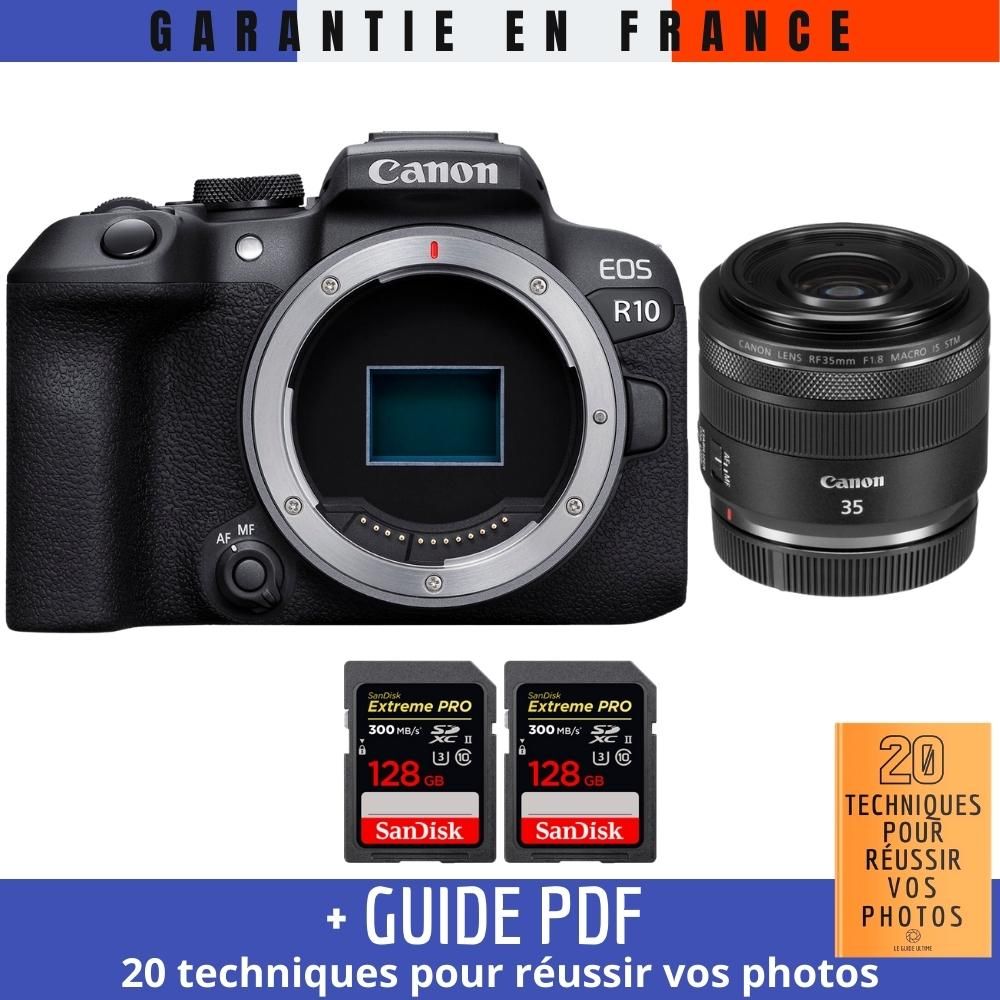 Canon EOS R10 + RF 35mm F/1.8 IS Macro STM Lens + 2x SanDisk 128GB Extreme PRO UHS-II SDXC Cards (Guide PDF included)