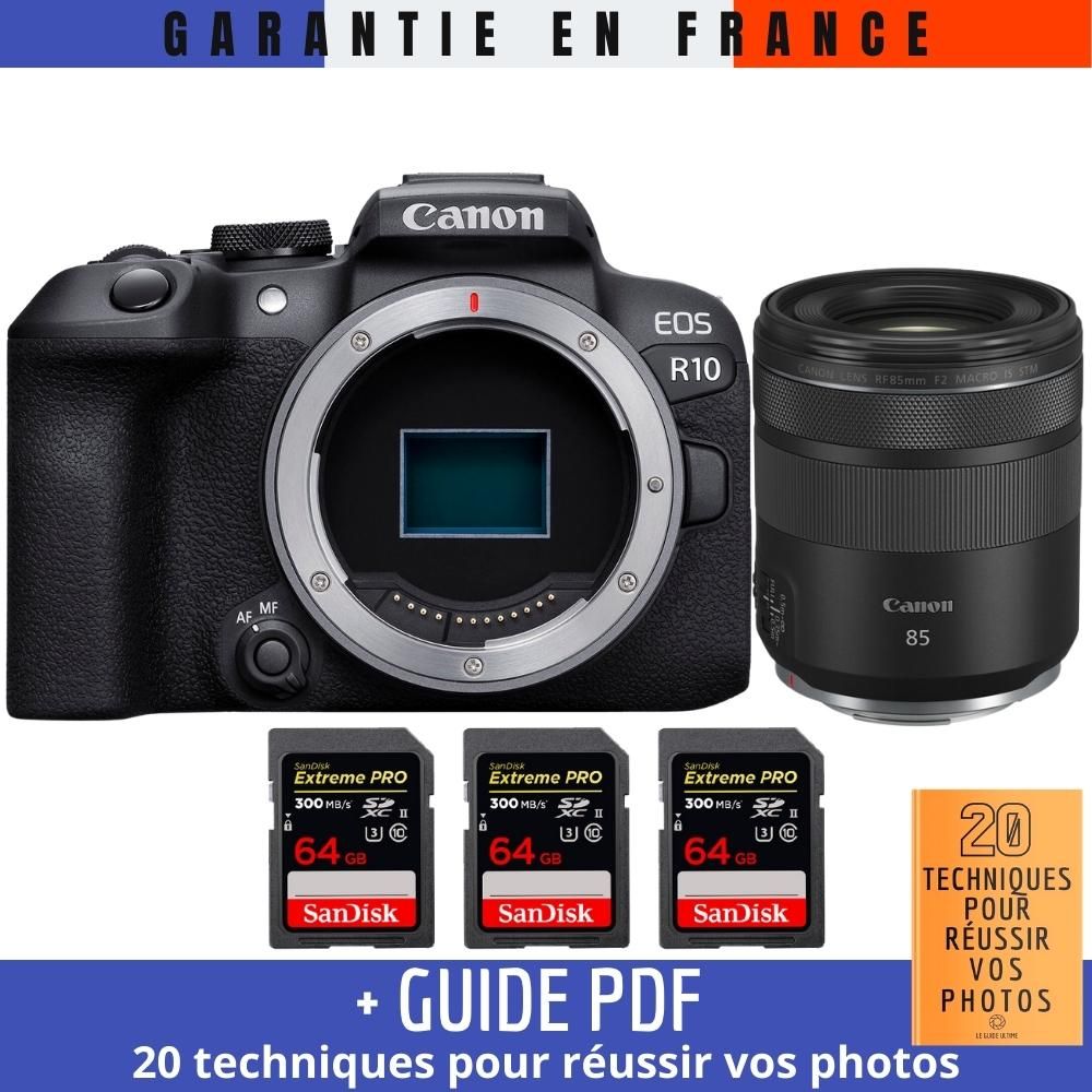Canon EOS R10 + RF 85mm F2 Macro IS STM + 3 SanDisk 64GB Extreme PRO UHS-II SDXC Cards (300MB/s) + '20 TECHNIQUES POUR RÉUSSIR VOS PHOTOS' Guide