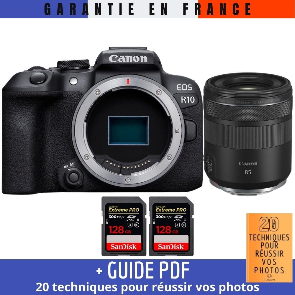 Canon EOS R10 + RF 85mm F2 Macro IS STM + 2 SanDisk 128GB Extreme PRO UHS-II SDXC Cards (300 MB/s) + '20 TECHNIQUES POUR RÉUSSIR VOS PHOTOS' Guide