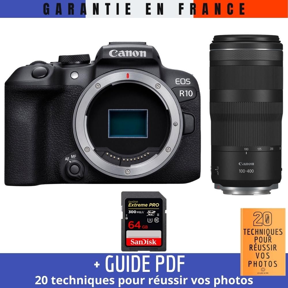 Canon EOS R10 + objetivo RF 100-400mm f/5.6-8 IS USM + tarjeta SDXC SanDisk 64GB Extreme PRO (300 MB/s) + guía '20 técnicas para lograr tus fotos'
