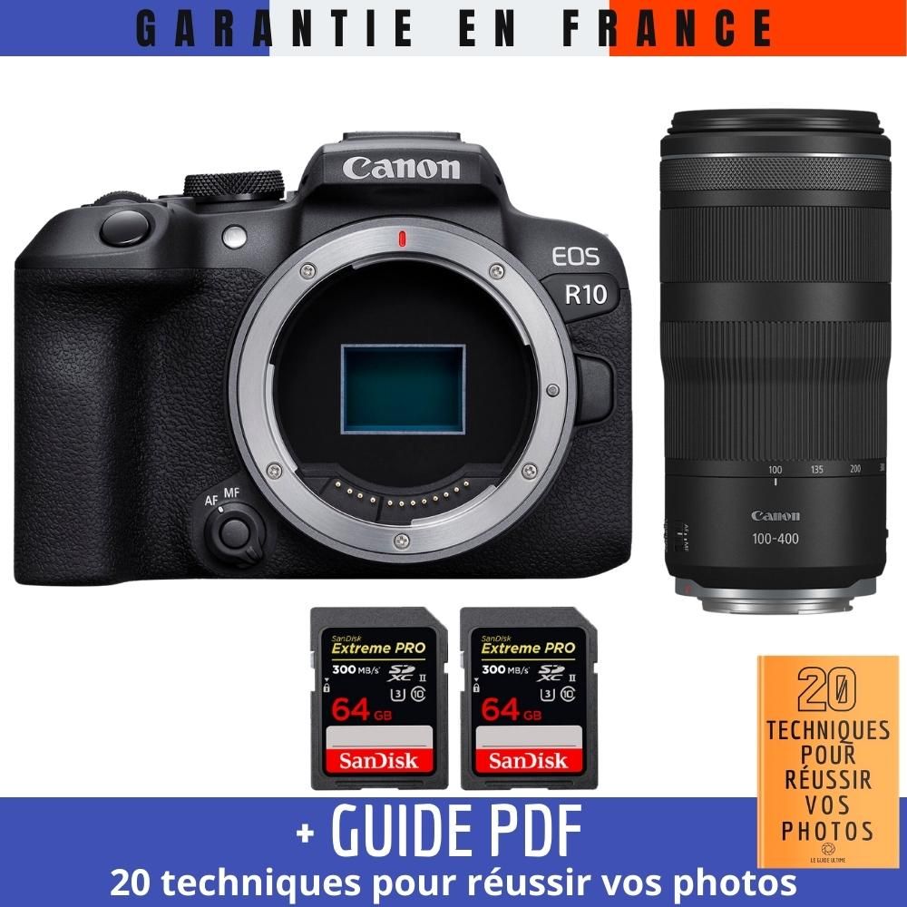 Canon EOS R10 + objetivo RF 100-400mm F5.6-8 IS USM + 2 tarjetas de memoria SanDisk 64GB Extreme PRO UHS-II SDXC + guía '20 técnicas para conseguir buenas fotos'