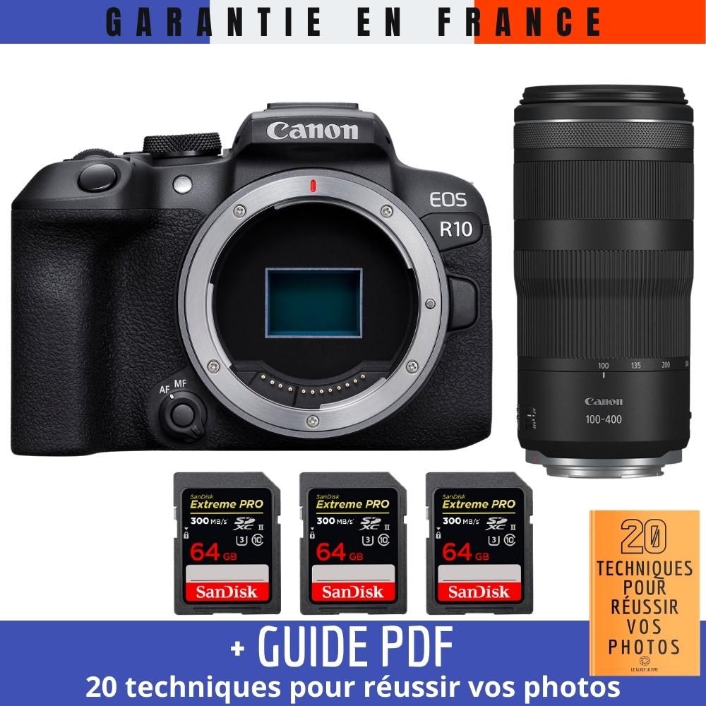 Canon EOS R10 + RF 100-400mm F5.6-8 IS USM Lens + 3 SanDisk 64GB Extreme PRO UHS-II SDXC Memory Cards + '20 TECHNIQUES POUR RÉUSSIR VOS PHOTOS Guide