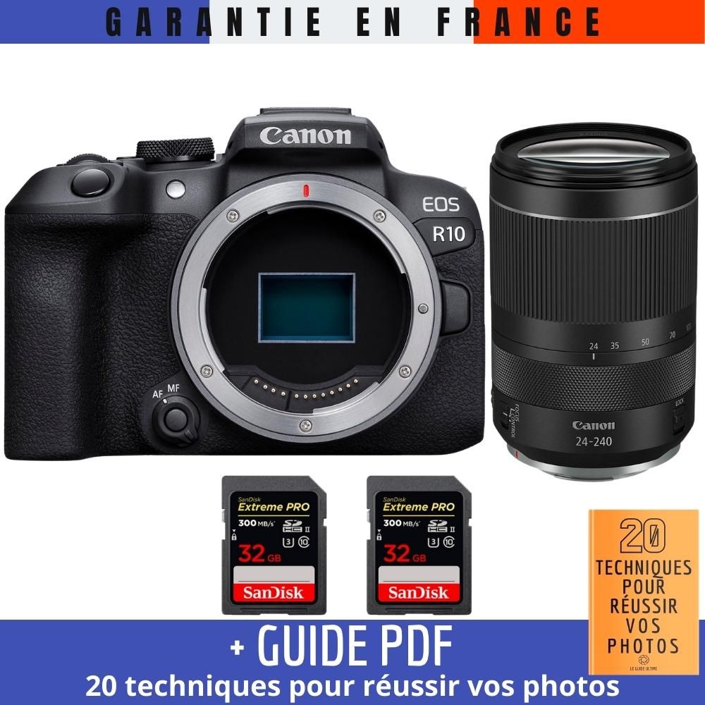 Canon EOS R10 + RF 24-240mm F4-6.3 IS USM + 2 SanDisk 32GB Extreme PRO UHS-II SDXC 300MB/s Memory Cards + '20 TECHNIQUES POUR RÉUSSIR VOS PHOTOS Guide