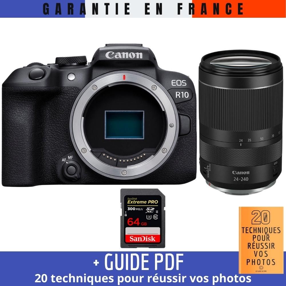 Canon EOS R10 Mirrorless Camera + RF 24-240mm F4-6.3 IS USM Lens + 1 SanDisk 64GB Extreme PRO UHS-II SDXC Card + '20 TECHNIQUES POUR RÉUSSIR VOS PHOTOS Guide