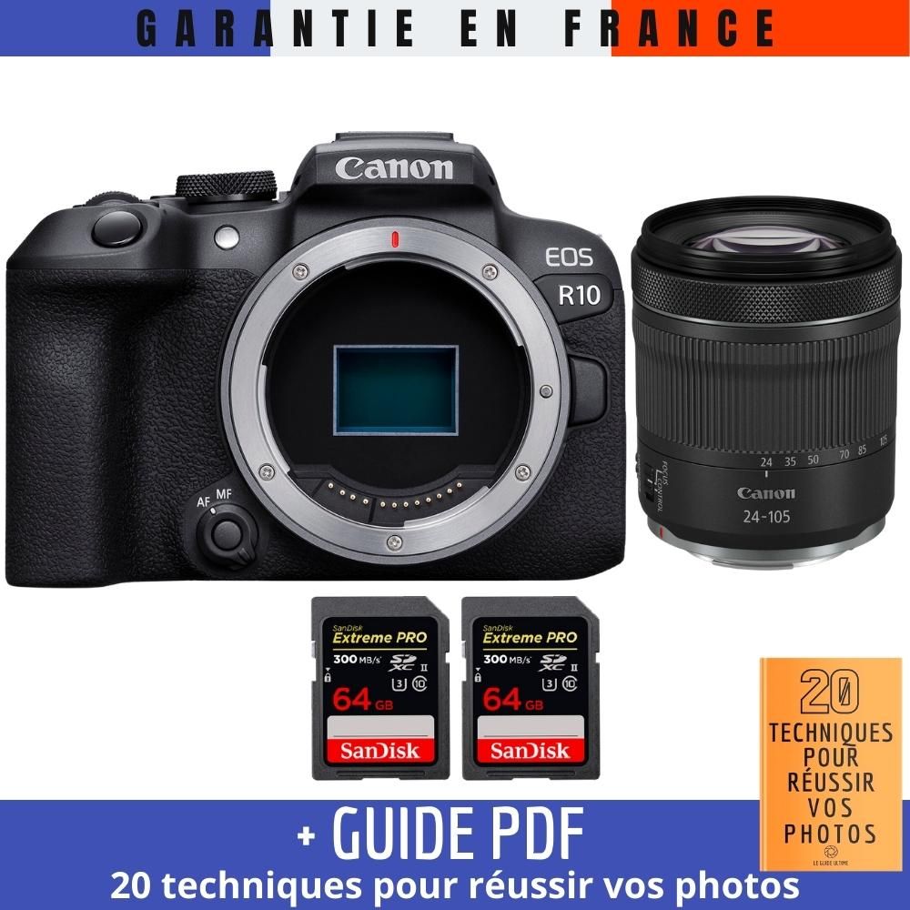 Canon EOS R10 + RF 24-105mm F4-7.1 IS STM + 2x 64GB SanDisk Extreme PRO UHS-II SDXC 300MB/s Memory Cards (Guide PDF '20 TECHNIQUES POUR RÉUSSIR VOS PHOTOS)