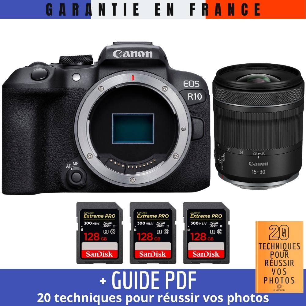 Canon EOS R10 + RF 15-30mm F4.5-6.3 IS STM + 3x SanDisk 128GB Extreme PRO UHS-II SDXC Cards (300MB/s) + '20 TECHNIQUES POUR RÉUSSIR VOS PHOTOS' Guide