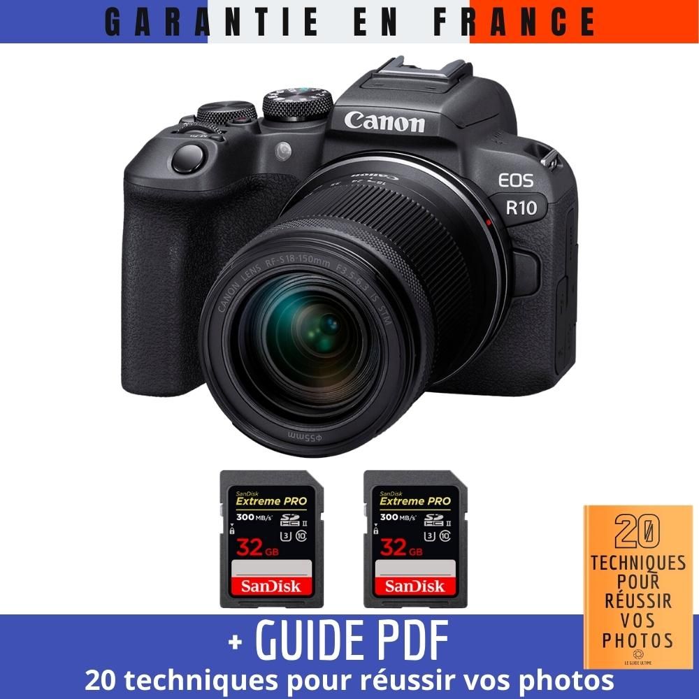 Canon EOS R10 + RF-S 18-150mm F4.5-6.3 IS STM Lens + 2 SanDisk 32GB Extreme PRO UHS-II SDXC Cards + '20 TECHNIQUES POUR RÉUSSIR VOS PHOTOS Guide