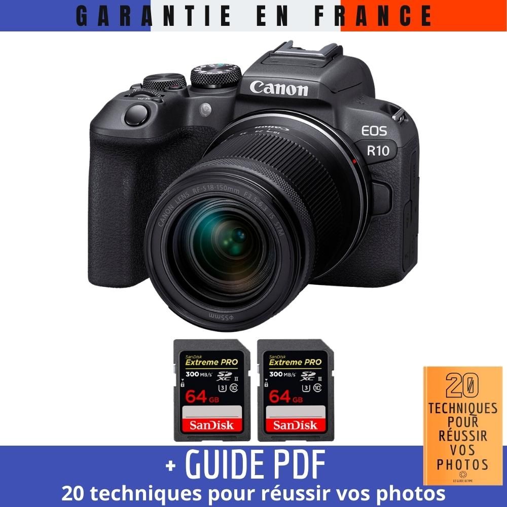 Canon EOS R10 + RF-S 18-150mm F4.5-6.3 IS STM + 2x SanDisk 64GB Extreme PRO UHS-II SDXC 300MB/s Memory Cards + '20 TECHNIQUES POUR RÉUSSIR VOS PHOTOS Guide