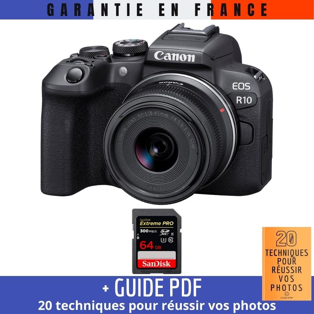 Canon EOS R10 + RF-S 18-45mm F4.5-6.3 IS STM + 1 SanDisk 64GB Extreme PRO UHS-II SDXC 300MB/s Memory Card + '20 TECHNIQUES POUR RÉUSSIR VOS PHOTOS