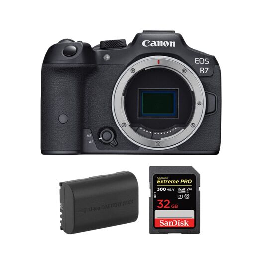 Cámara sin espejo Canon EOS R7 con batería LP-E6NH y tarjeta SD de 32 GB Sandisk Extreme PRO