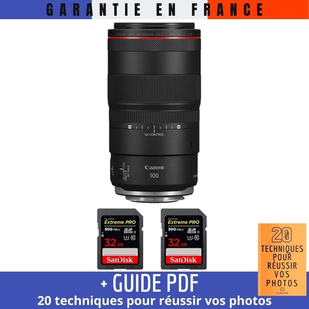 Canon RF 100mm f/2.8L Macro IS USM Lens + 2 SanDisk 32GB Extreme PRO UHS-II SDXC Cards (300MB/s) + '20 TECHNIQUES POUR RÉUSSIR VOS PHOTOS' Guide