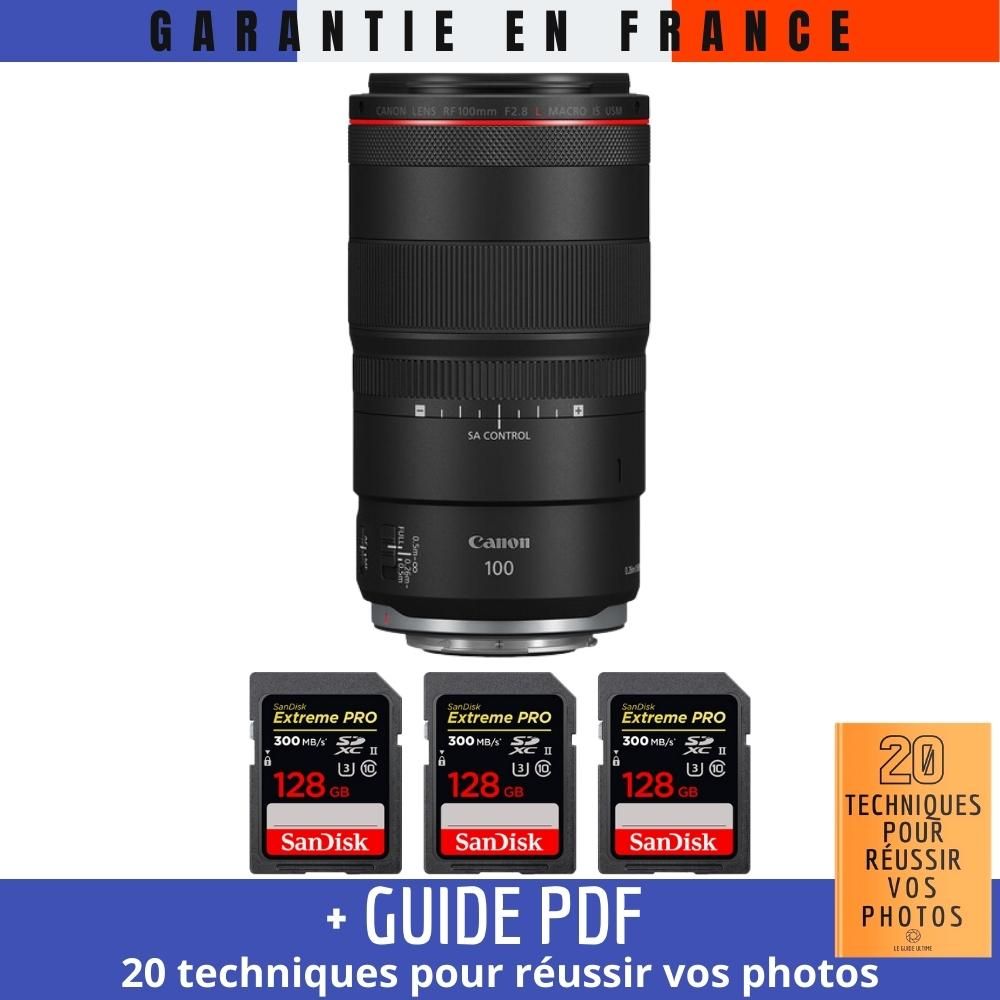Canon RF 100mm f/2.8L Macro IS USM Lens + 3 SanDisk 128GB Extreme PRO UHS-II SDXC Cards (300 MB/s) + '20 TECHNIQUES POUR RÉUSSIR VOS PHOTOS' Guide