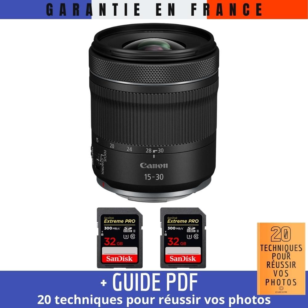 Canon RF 15-30mm f/4.5-6.3 IS STM Lens + 2 SanDisk 32GB Extreme PRO UHS-II SDXC Cards + '20 TECHNIQUES POUR RÉUSSIR VOS PHOTOS' Guide