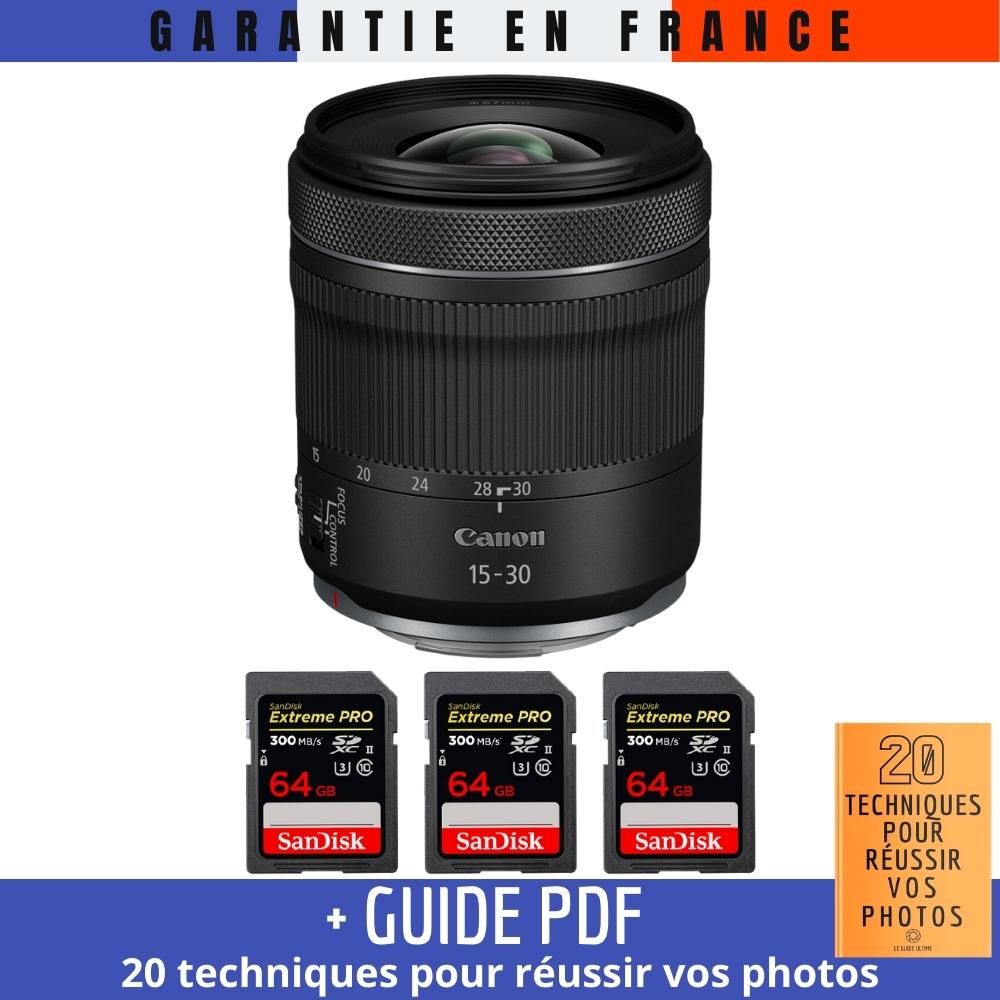 Canon RF 15-30mm f/4.5-6.3 IS STM Lens + 3 SanDisk 64GB Extreme PRO UHS-II SDXC Cards + '20 TECHNIQUES POUR RÉUSSIR VOS PHOTOS' Guide