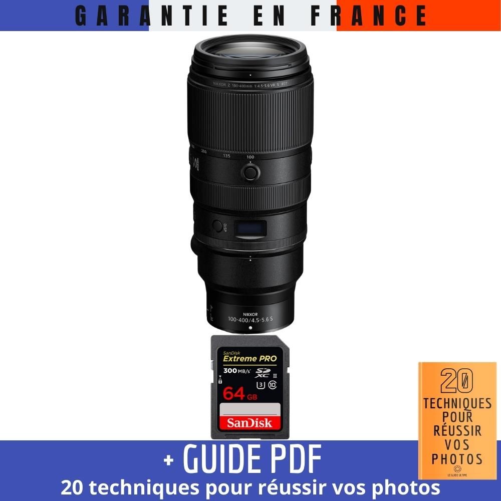 Nikon Z 100-400mm f/4.5-5.6 VR S Lens + 1 SanDisk 64GB Extreme PRO UHS-II SDXC Card (300MB/s) + '20 TECHNIQUES POUR RÉUSSIR VOS PHOTOS' Guide