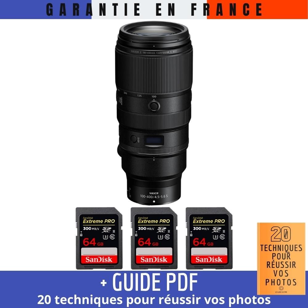 Nikon Z 100-400mm f/4.5-5.6 VR S Lens + 3 SanDisk 64GB Extreme PRO UHS-II SDXC Cards 300MB/s + '20 TECHNIQUES FOR SUCCESSFUL PHOTOS' Guide