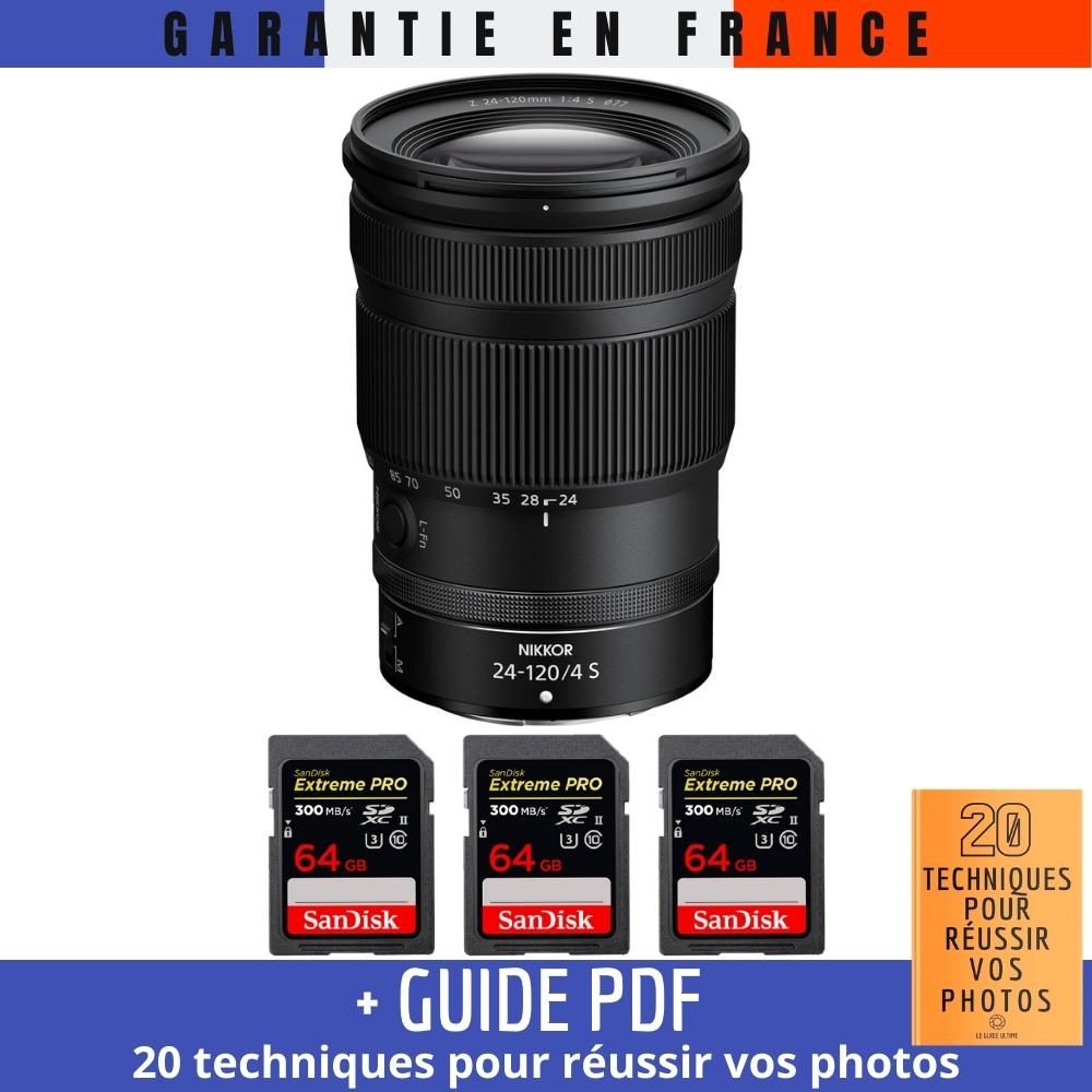 Nikon Z 24-120mm F4 S Lens + 3 SanDisk 64GB Extreme PRO UHS-II SDXC Cards (300MB/s) + '20 TECHNIQUES POUR RÉUSSIR VOS PHOTOS' Guide