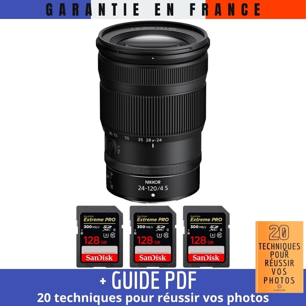Nikon Z 24-120mm F4 S Lens + 3 SanDisk 128GB Extreme PRO UHS-II SDXC Cards + '20 Techniques for Succeeding in Photography' Guide