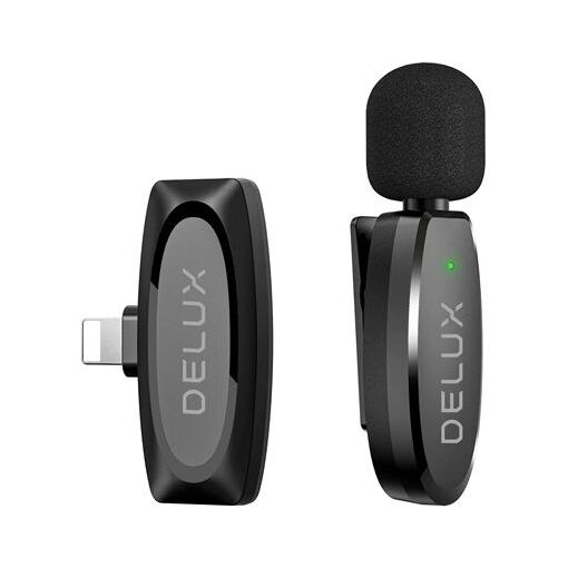 Microphone cravate sans fil Delux, 2,4 GHz portable pour iPhone, plug-and-play, technologie de réduction du bruit intelligente
