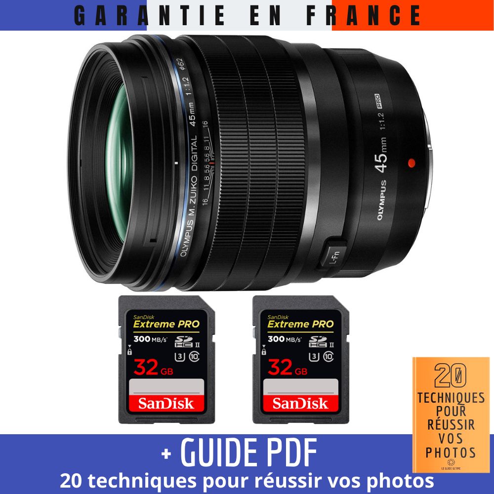 Olympus M.Zuiko Digital ED 45mm f/1.2 PRO Lens + 2 SanDisk 32GB UHS-II Cards + PDF Guide MCZ DIRECT '20 Techniques for Successful Photos
