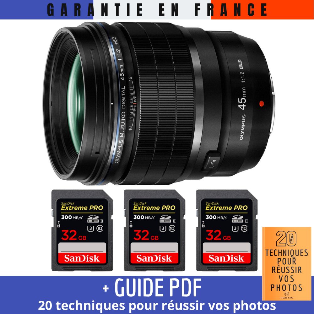 Olympus M.Zuiko Digital ED 45mm f/1.2 PRO Lens + 3 SanDisk 32GB UHS-II Cards (Guide PDF Included)