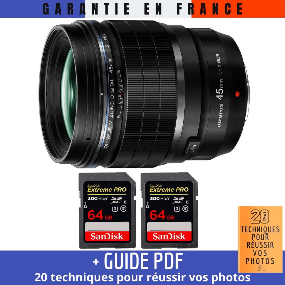 Olympus M.Zuiko Digital ED 45mm f/1.2 PRO Lens + 2 SanDisk 64GB UHS-II Cards