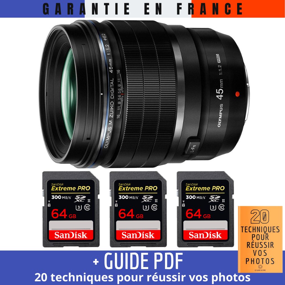 Olympus M.Zuiko Digital ED 45mm f/1.2 PRO Lens + 3 SanDisk 64GB UHS-II Cards + Photo Guide