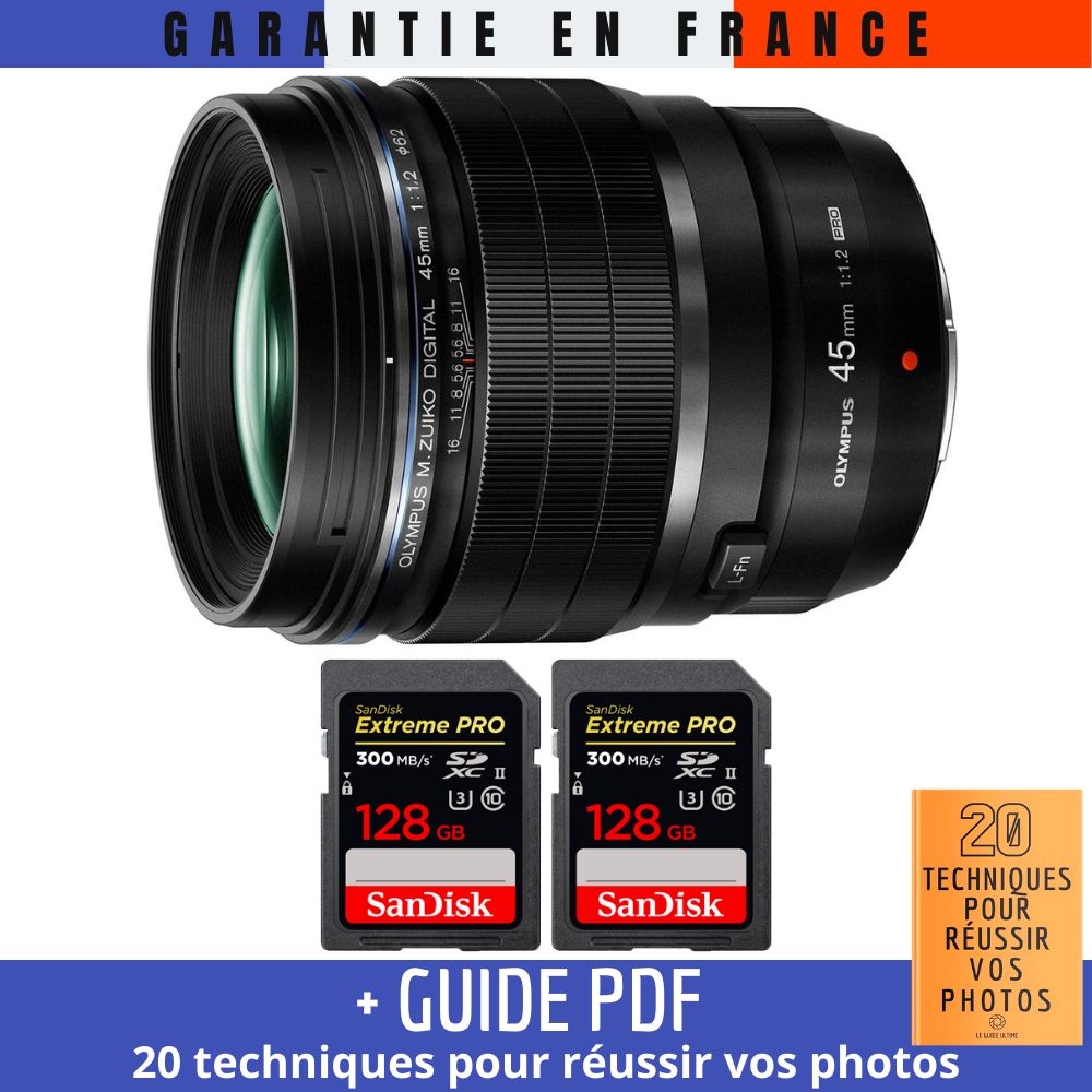 Olympus M.Zuiko Digital ED 45mm f/1.2 PRO Lens + 2 SanDisk 128GB UHS-II 300MB/s Cards + MCZ Direct '20 Techniques for Succeeding in Your Photos' Guide
