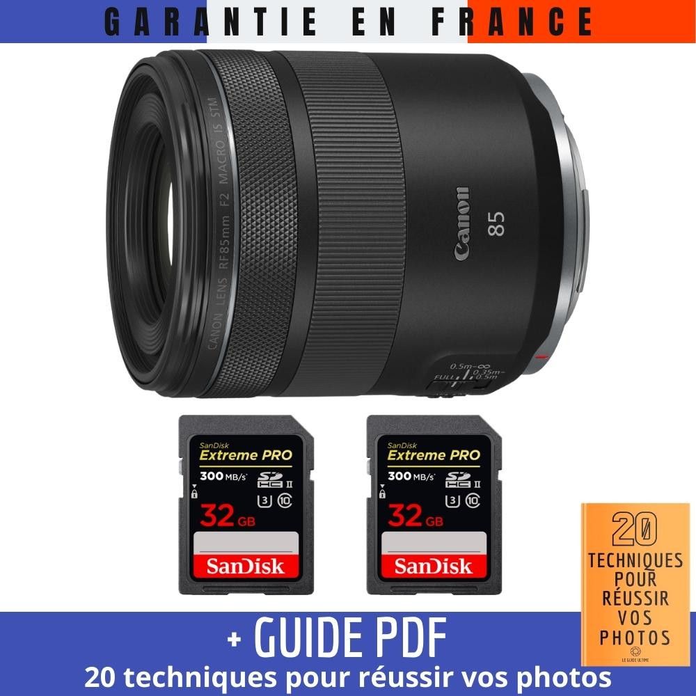 Canon RF 85mm f/2 Macro IS STM Lens + 2x 32GB SanDisk UHS-II Cards