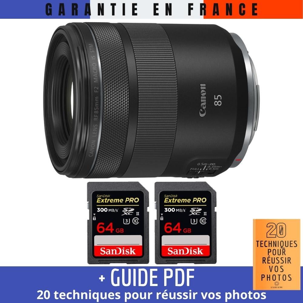 Canon RF 85mm f/2 Macro IS STM Lens + 2x 64GB SanDisk UHS-II Cards