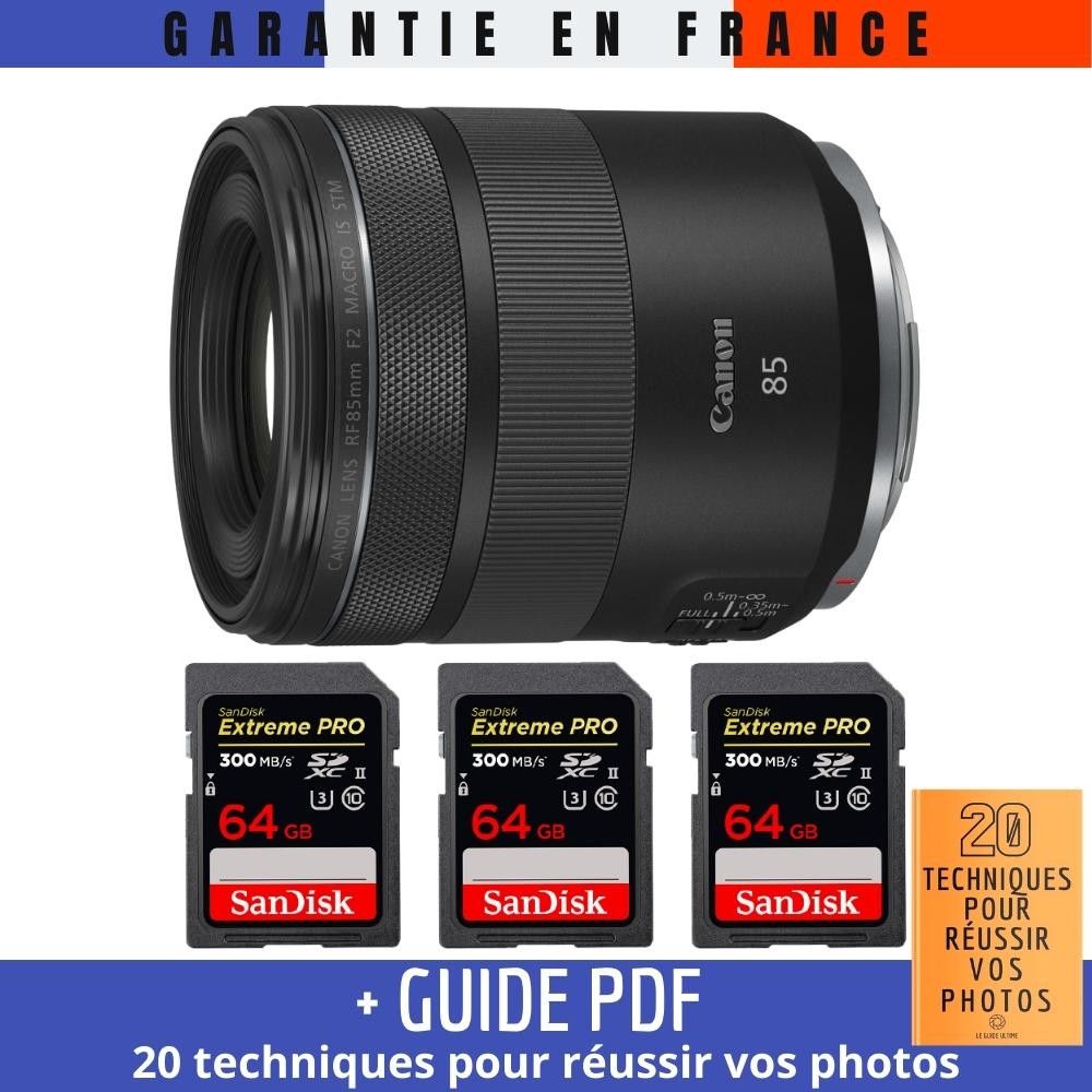 Canon RF 85mm f/2 Macro IS STM Lens + 3 SanDisk 64GB UHS-II Cards