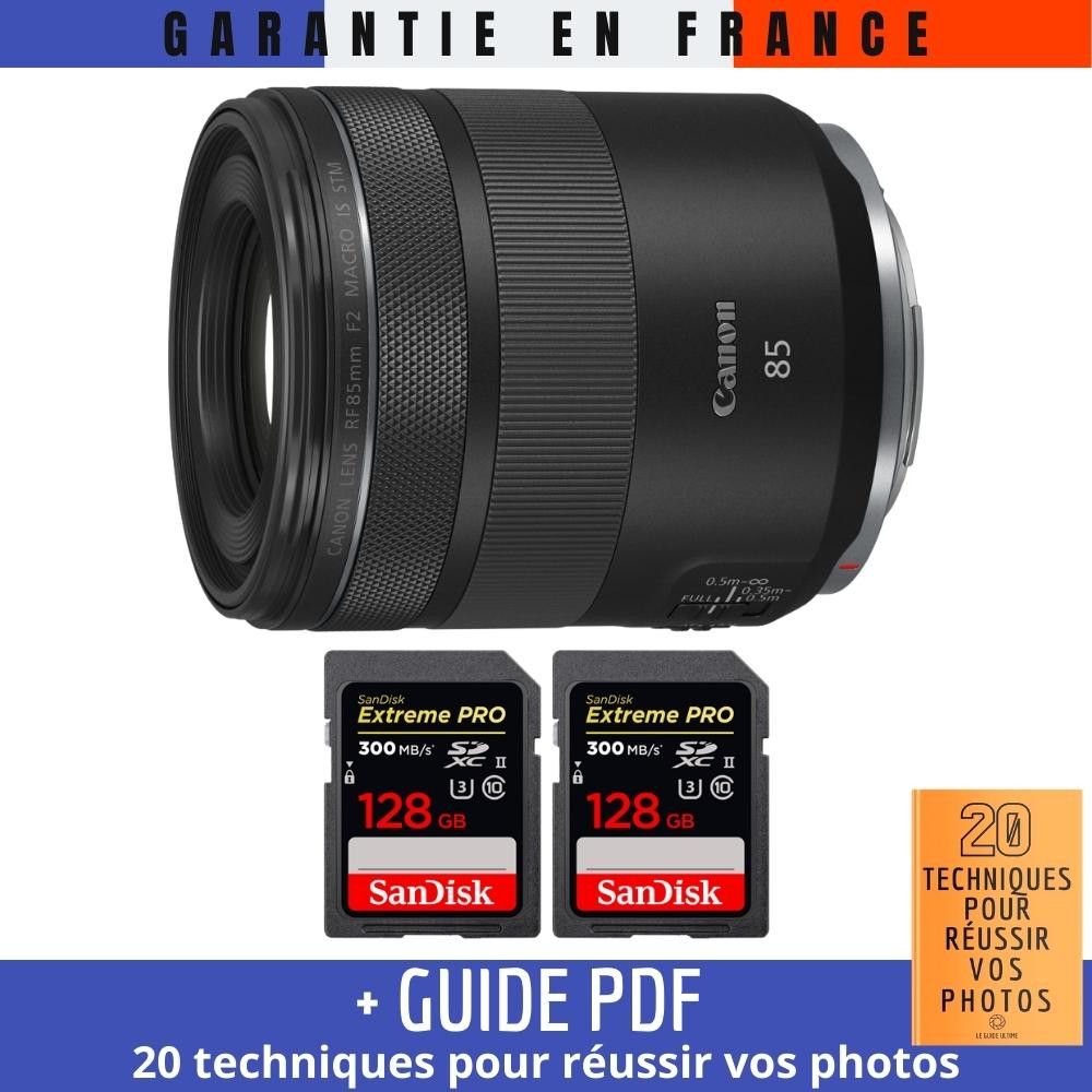 Canon RF 85mm f/2 Macro IS STM Lens + 2x 128GB SanDisk UHS-II Cards