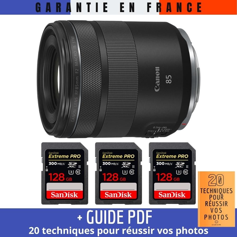 Canon RF 85mm f/2 Macro IS STM Lens + 3 SanDisk 128GB UHS-II 300MB/s Cards + '20 Techniques for Successful Photos' Guide