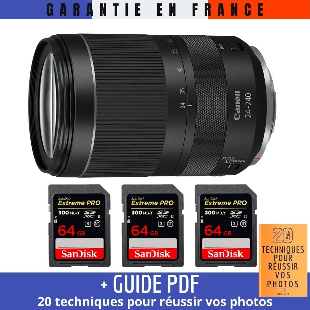 Canon RF 24-240mm f/4-6.3 IS USM Lens + 3 SanDisk 64GB UHS-II 300MB/s Cards + '20 Techniques for Succeeding in Your Photos' Guide