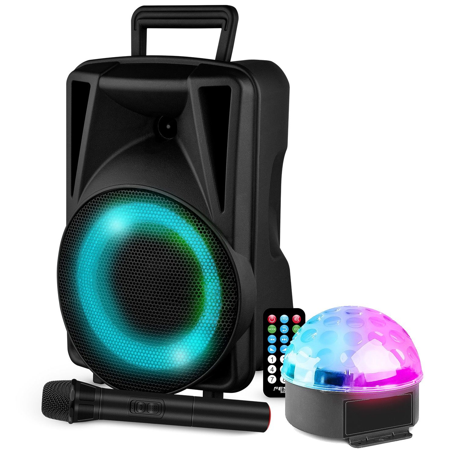 Festisound Portable 200W Speaker with USB, Bluetooth + Astro Ball Light Effect + Wireless Microphone