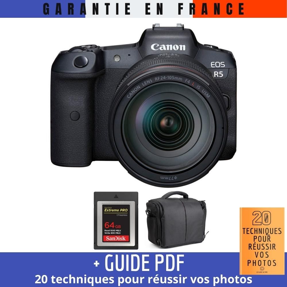 Canon EOS R5 + RF 24-105mm F4L IS USM + SanDisk 64GB Extreme PRO CFexpress Type B + Bag + Guide: 20 Techniques for Successful Photos