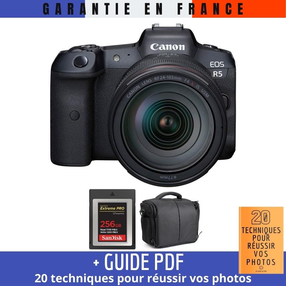 Canon EOS R5 + RF 24-105mm F4L IS USM Lens + 256GB SanDisk Extreme PRO CFexpress Type B + Bag + Guide: 20 Techniques for Successful Photos
