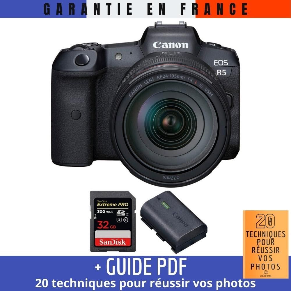 Canon EOS R5 Body + RF 24-105mm F4L IS USM Lens + SanDisk 32GB Extreme PRO UHS-II SDXC Card + Canon LP-E6NH Battery + Canon MCZ DIRECT '20 Techniques Guide