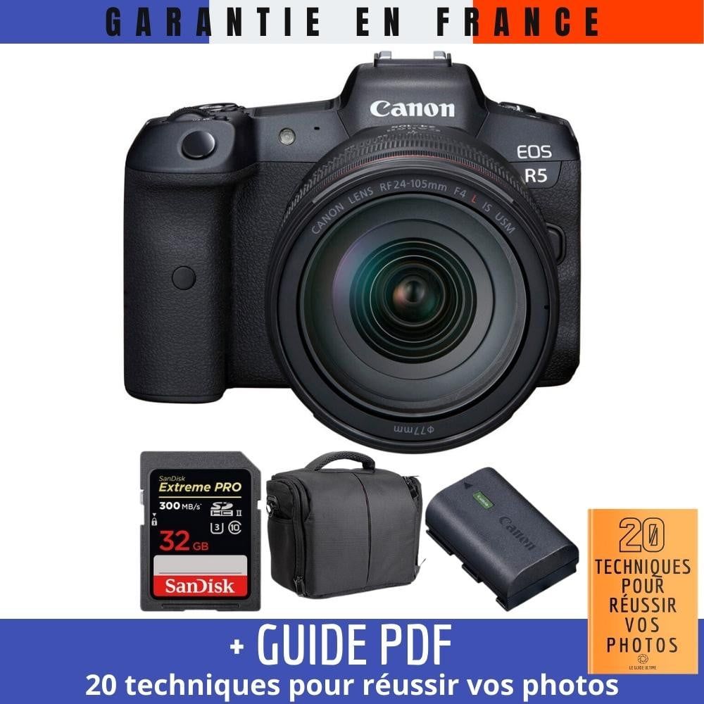 Canon EOS R5 + RF 24-105mm F4L IS USM + SanDisk 32GB UHS-II SDXC 300MB/s + Canon LP-E6NH + Bag + Guide PDF