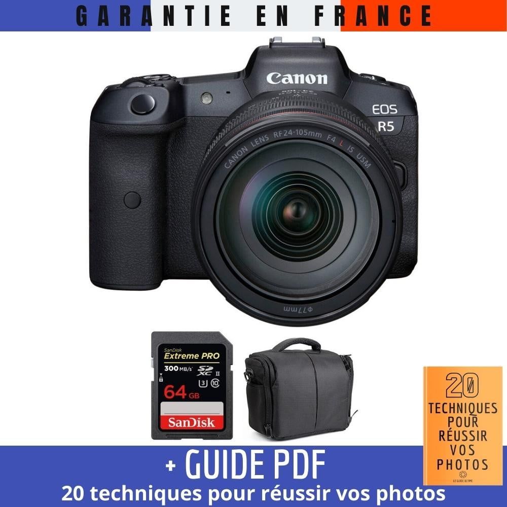 Canon EOS R5 Body + RF 24-105mm F4L IS USM Lens + SanDisk 64GB Extreme PRO UHS-II SDXC Card + Bag + Guide: '20 Techniques for Succeeding in Your Photos'