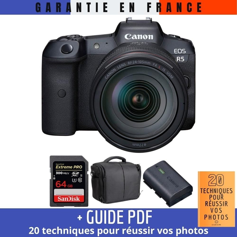 Canon EOS R5 + RF 24-105mm F4L IS USM Lens + SanDisk 64GB UHS-II SDXC Card + Canon LP-E6NH Battery + Case + Guide: '20 Techniques for Successful Photos'