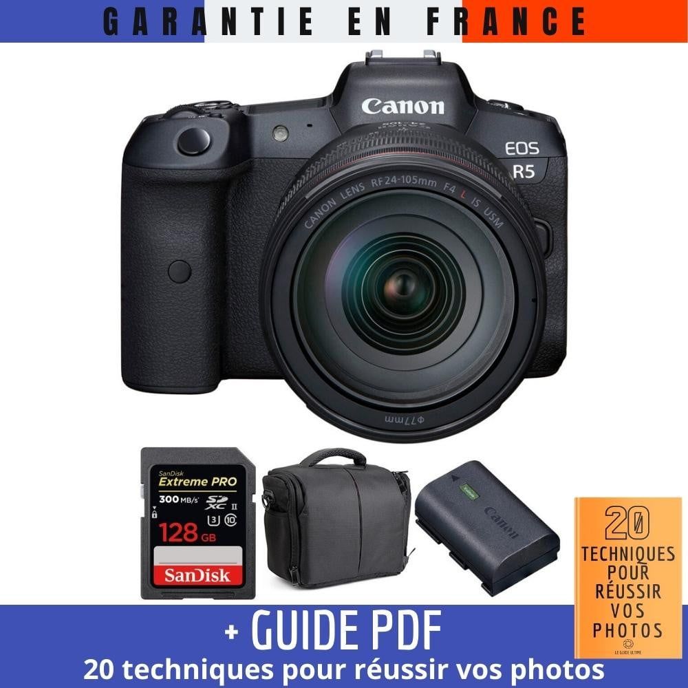 Canon EOS R5 + RF 24-105mm F4L IS USM Lens + SanDisk 128GB UHS-II SDXC Card + Canon LP-E6NH Battery + Bag + Guide: '20 Techniques for Succeeding with Your Photos'
