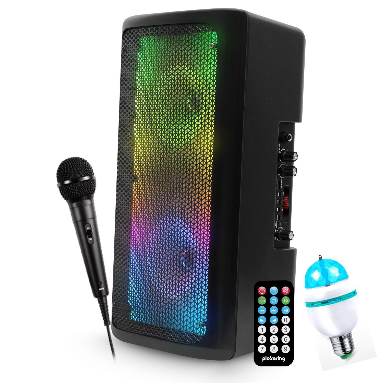 Altavoces portátiles inalámbricos FestiSound SRX206 para karaoke con micrófono integrado - Bluetooth USB para fiesta + luz RGB