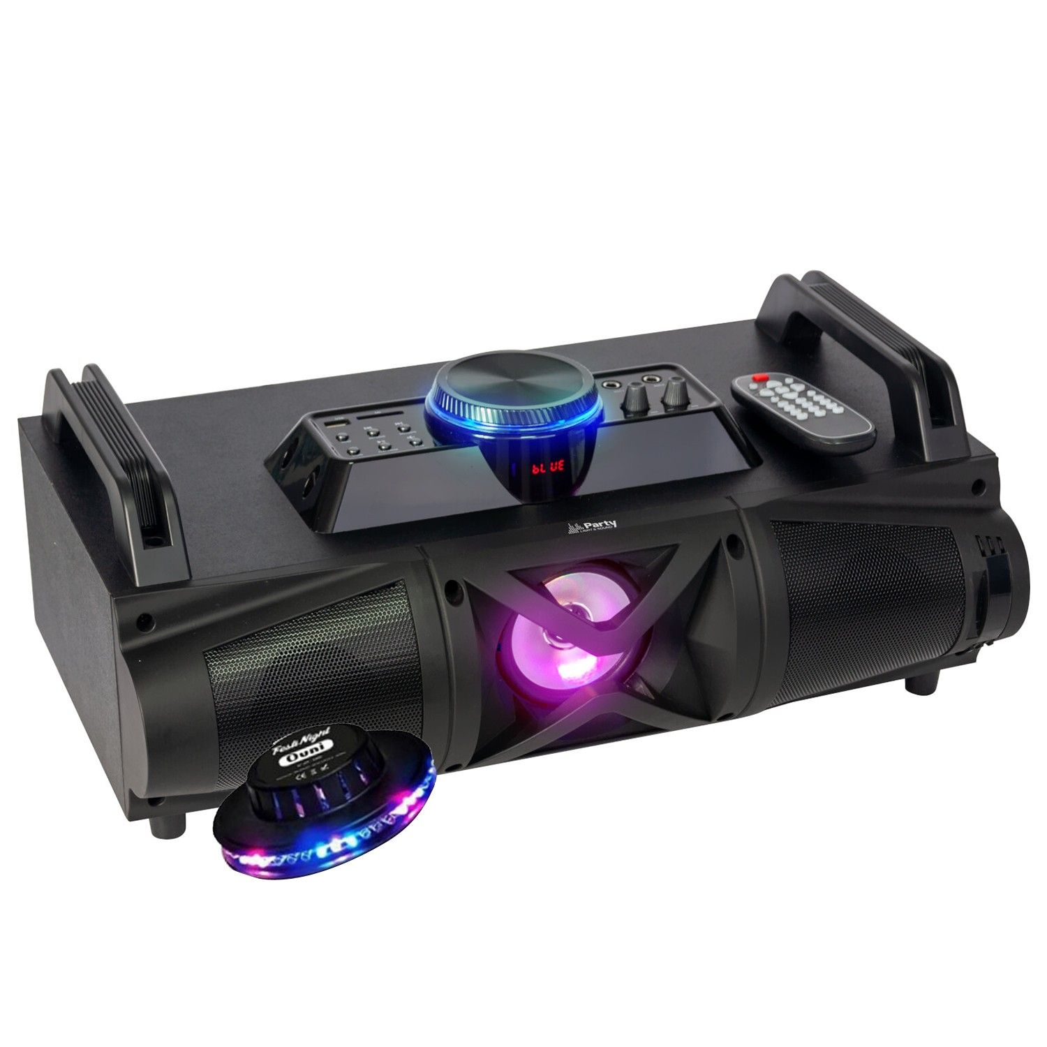 Haut-parleur Party Sound & Light PARTY-FALCON Hi-Fi avec Bluetooth, lecteur USB/SD, tuner FM, éclairage LED et 2 entrées micro