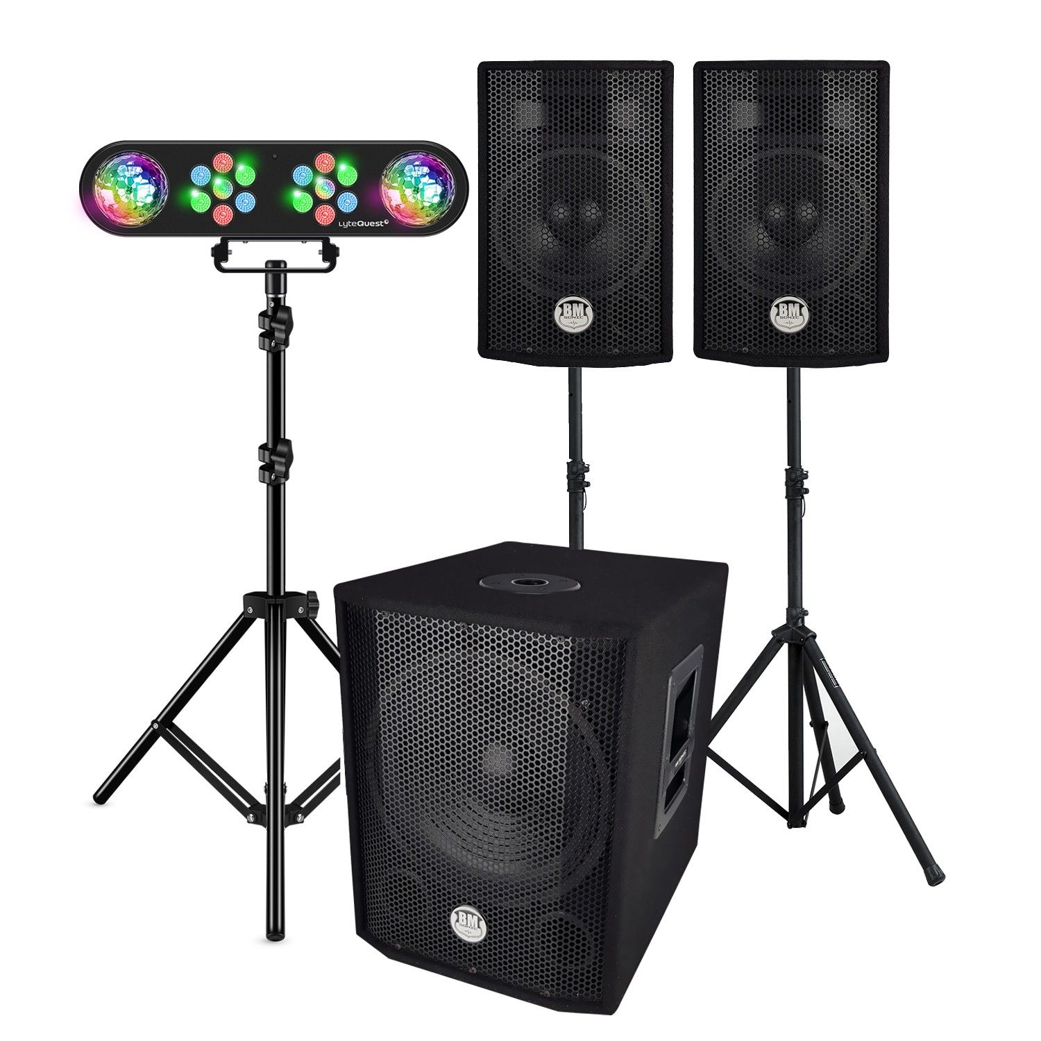 Complete Sound System BMS1208, Bi-Amped Subwoofer, 1000W, USB Bluetooth, 30cm, Satellites, Cables, Light Tower, LyteQuest