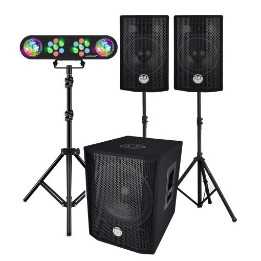 Sistema de sonido completo BMS1208, Altavoz biampificado, 1000W, USB Bluetooth, 30cm, Satélites, Cables, Torre de luz, LyteQuest