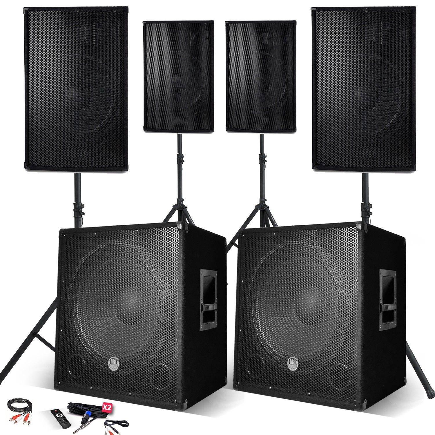 Sistema de sonorización completo 4400W, 4 altavoces, 2 subs, cable USB/Bluetooth y patas, rendimiento DJ PA
