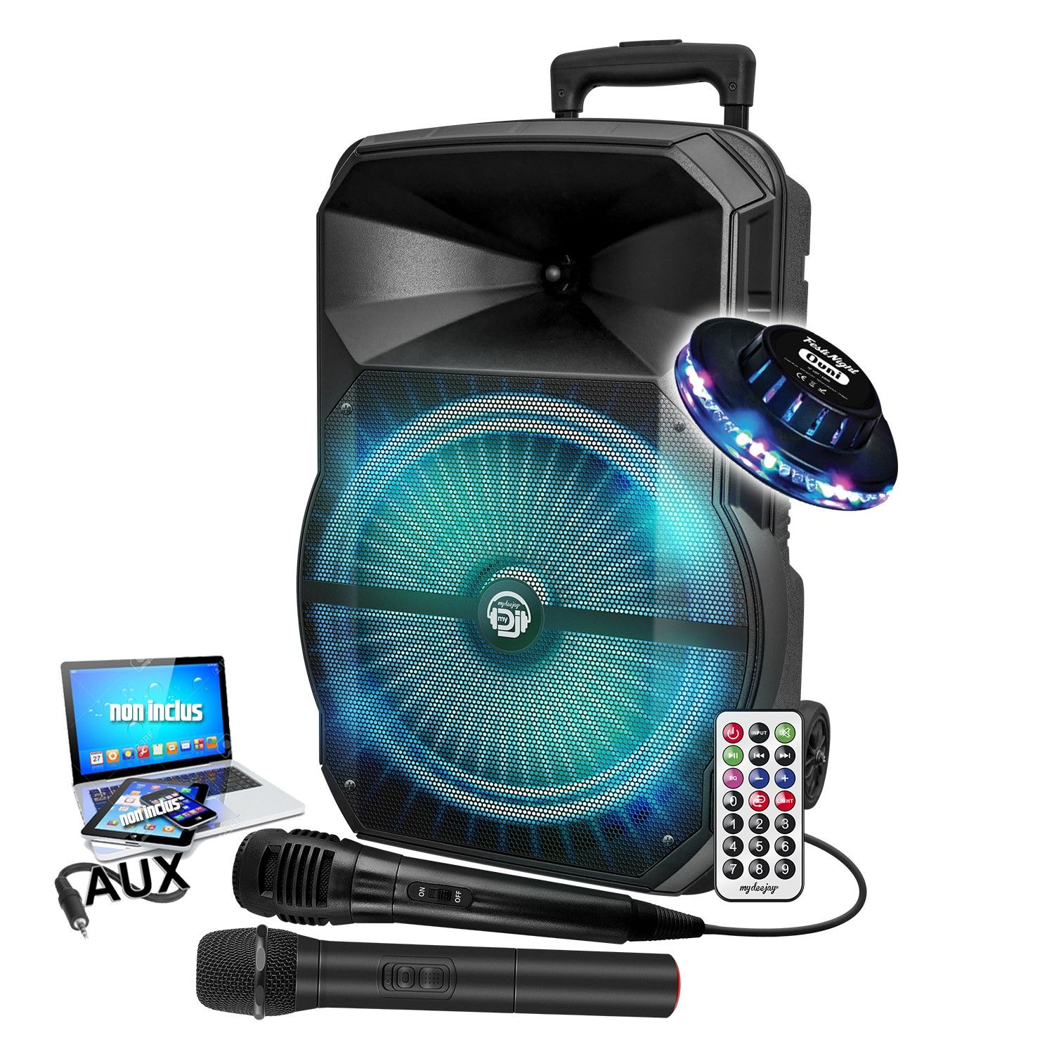BMI MYDJ MDJ 12 RVB LED Karaoke Speaker, 600W 12" USB Bluetooth, PC App, Wireless & Wired Microphones, OVNI Lights
