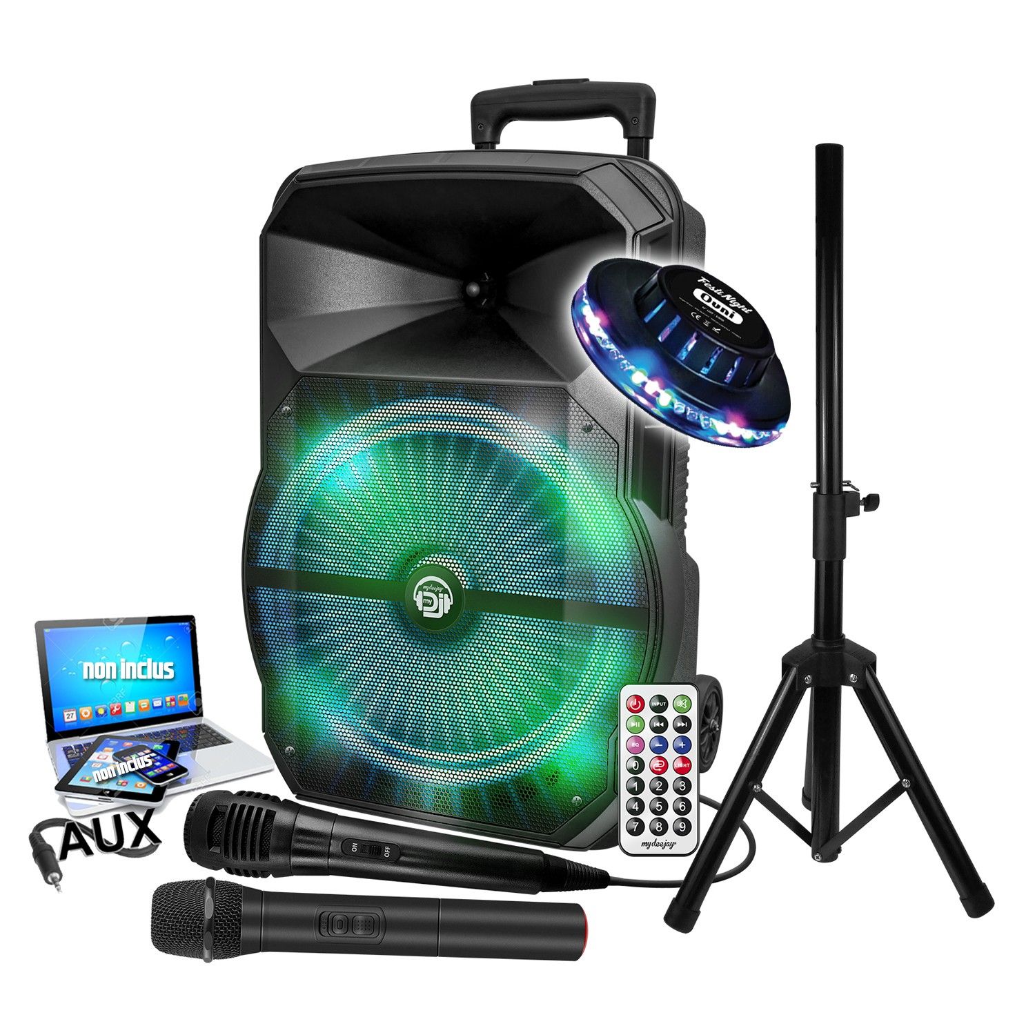 BMI MYDJ MDJ12 RVB LED Karaoke Speaker, 600W, 12" USB Bluetooth, PC, VHF Wireless & Wired Microphones, Stand, UFO Light Show