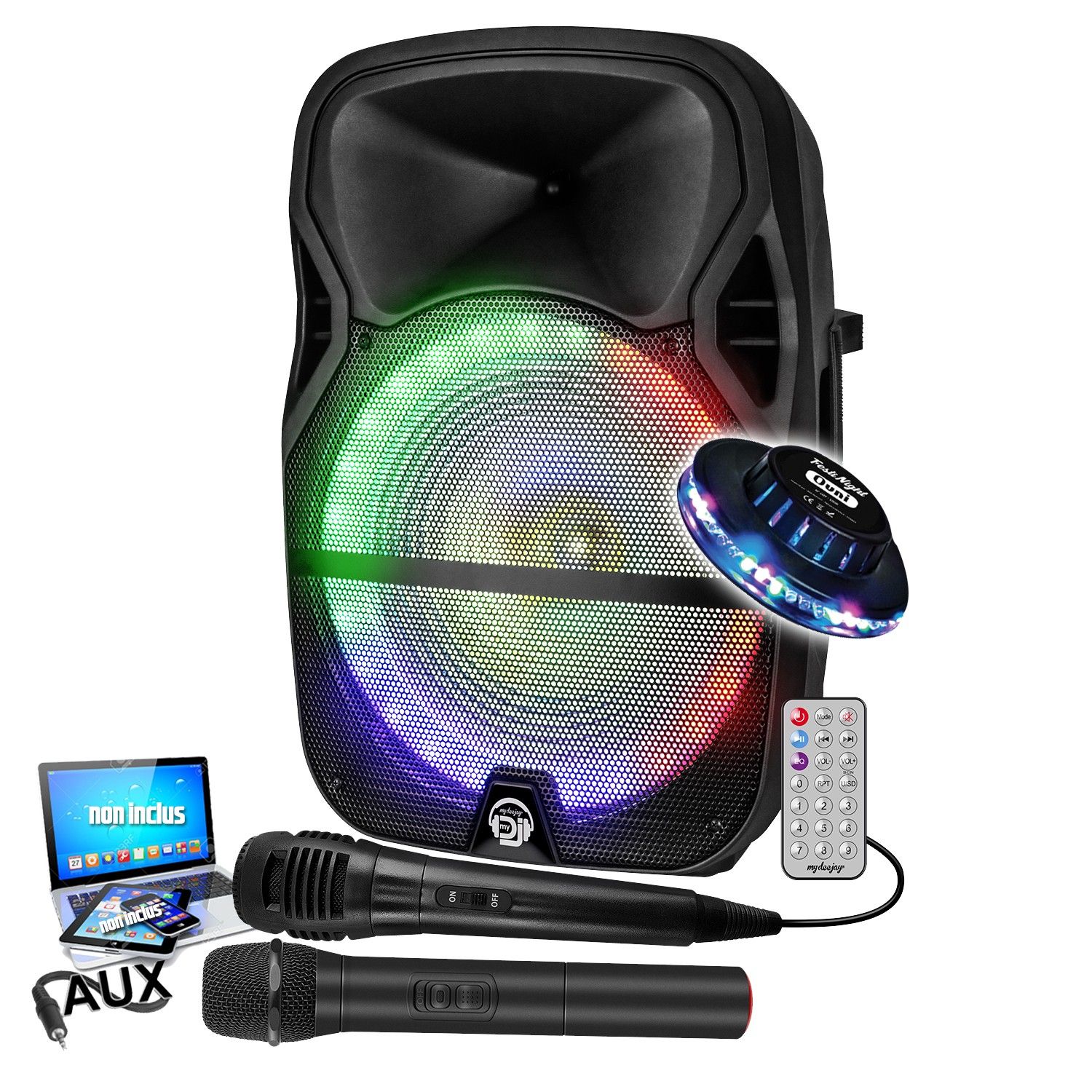 BMI MYDJ MDJ15 RGB LED Speaker with Karaoke Microphones and Lighting Effects